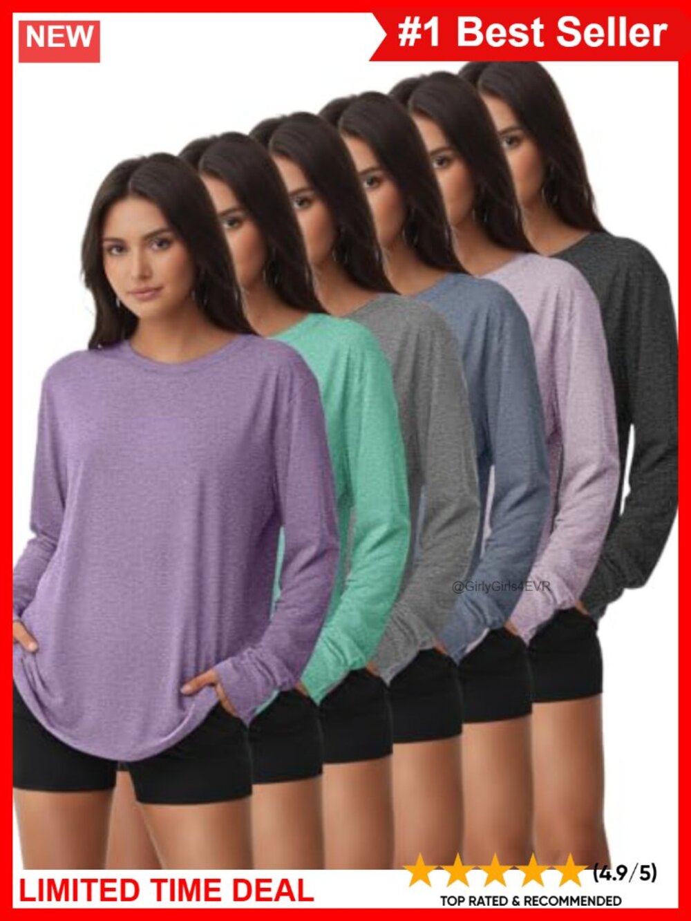 6 Pack Women's Dry Fit Workout Tops UPF 50+ Athletic Crew Neck Long Sleeve Tees